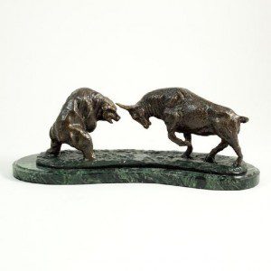 545_Bronzed_Finished_Charging_Bull_Bear_Sculpture_on_Marble_Base.